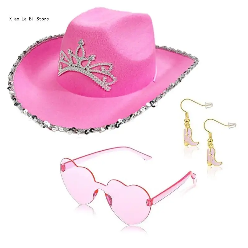 3pcs Adult Dangle Earring+Sunglasses+Cowboy Hat Set Carnivals Sunproof Woman Cowboy Hat with Rolled Up Brims for Camping XXFD