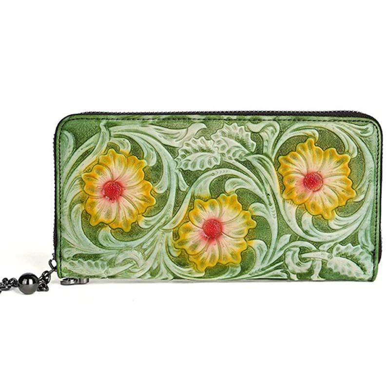 Imagem -05 - Carteira Vintage de Couro de Vaca Real Feminina Bolsa de Embreagem Floral 3d Feminina Porta-moedas e Cartões Flor Grande