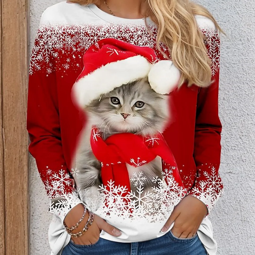 

Cat Funny Pattern Women Christmas T-Shirts Long Sleeve Christmas Snowflakes 3D Printed Street Ladies S-3XL Plus Size Casual Tops