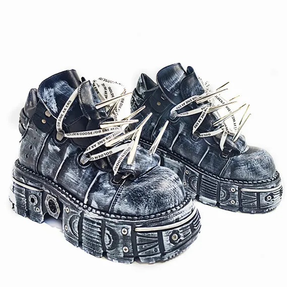 

2025 Men's Cybergoth Leather Heavy Metal Dark Rock Locomotive Punk Old Spike Heightening High-top Platform Shoes