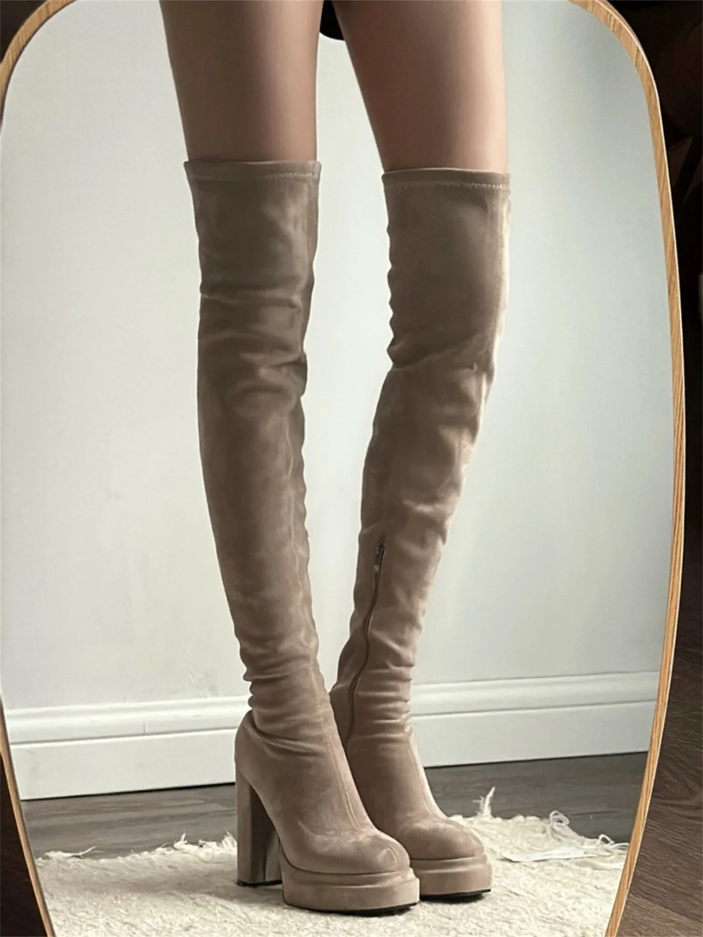 Knee-high Waterproof Platform Long Boots Women's Chunky Heel Over-the-Knee Boots Elastic Slimming Boots High-calf Boots