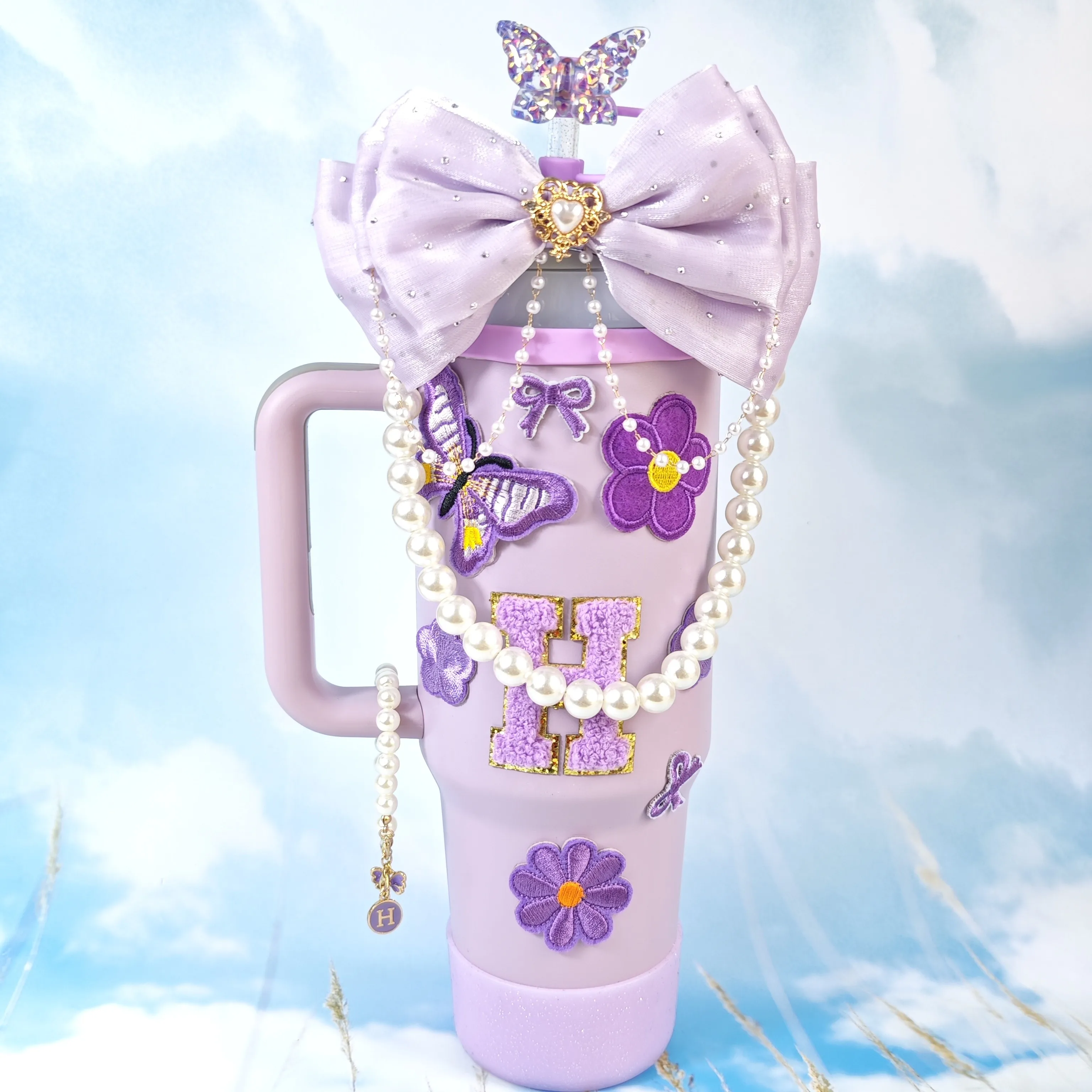 Purple Straw Cup with Bow Tie Decoration Ins Style Keychain Cup Sleeve And Chain Letter Detail New Fashionable Cup Accessory