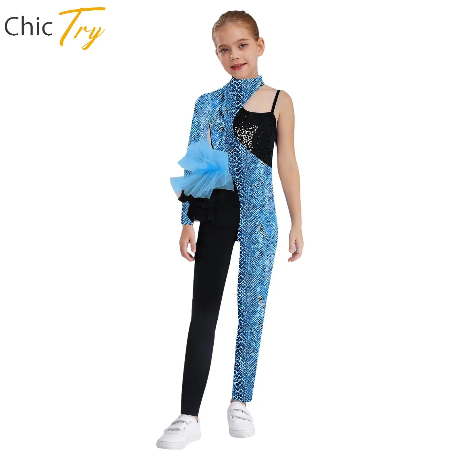 

Kids Girls Ballet Dance Gymnastics Jumpsuit Long Sleeve Side Tulle Peplum Sequin Bodysuit for Skating Performance Competition