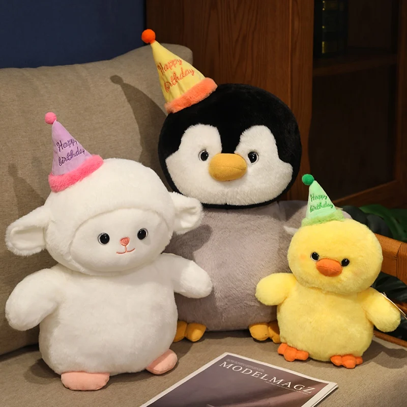 

Cute Birthday Hat Animals Doll Soft Stuffed Animals Cartoon Penguin Sheep Yellow Duck Kawaii Room Decor for Kids Girls Xmas Gift