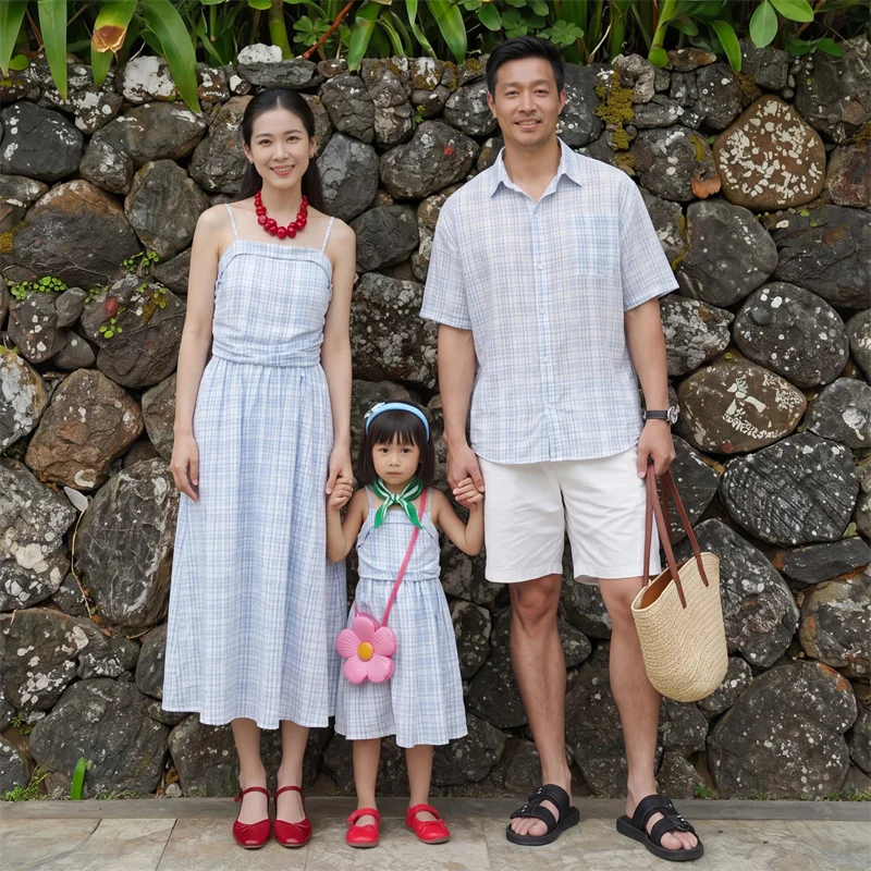 2026 Summer Family Matching Outfits Gingham Plaid Shirt & Cami Midi Dress Set Casual French Style Beach Wear