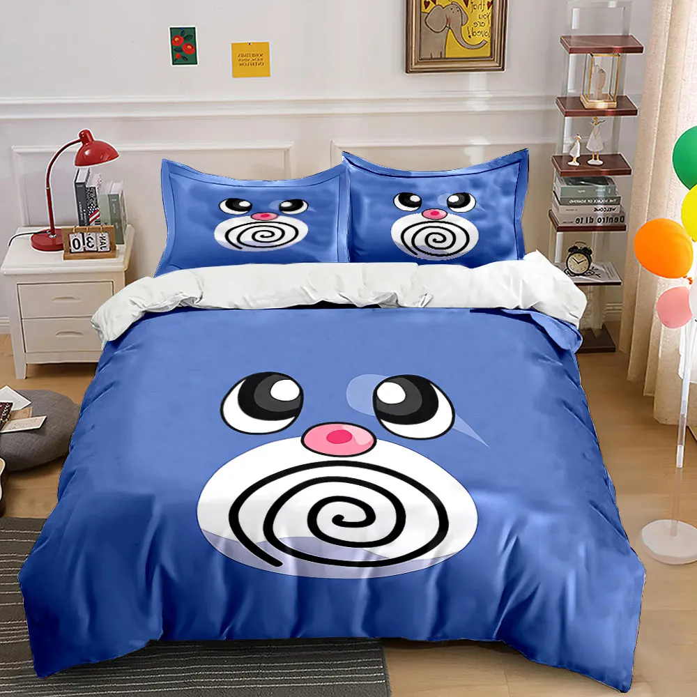 3Pcs Minimal Spiral Mouth Cute Face Duvet Cover Set, Solid Blue Plain Kids Bedding Single Double King Queen, Gift