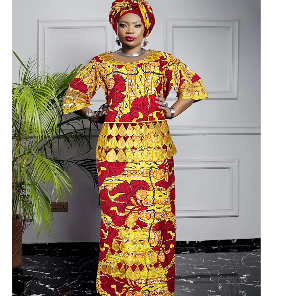 Plus Size African Clothes for Women 2024 New Dashiki Ankara Embroidery Bazin Riche Design Wedding Party Dresses with Headscarf