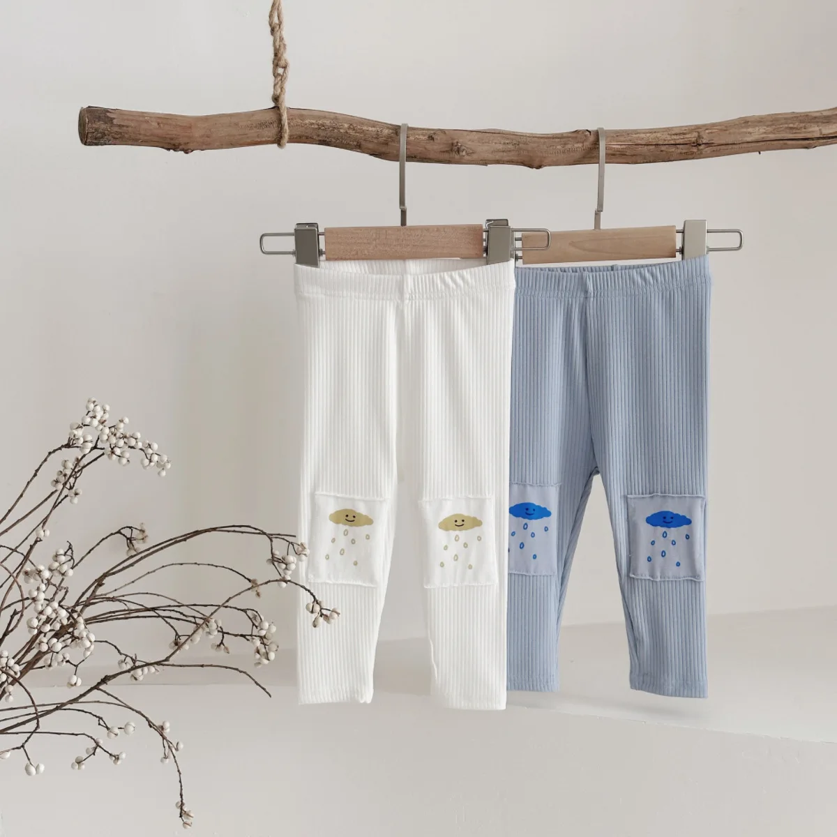 Toddler 2 Pack Ribbed Leggings Cute Cloud Rain Print Patch Pocket Elastic Waist Baby Casual Pants