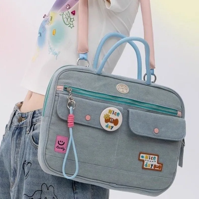 Ins-Bolso para ordenador portátil con calcomanía para mujer, bolso vaquero portátil para MacBook Air Pro de 13, 14 pulgadas, almacenamiento de accesorios para ordenador, bolsos de hombro