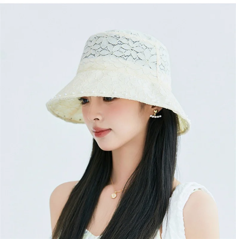 Lace Fisherman's Hat Temperament Pearl Basin Hat Sunscreen Hat Female Show Face Smaller Soft 56-58cm