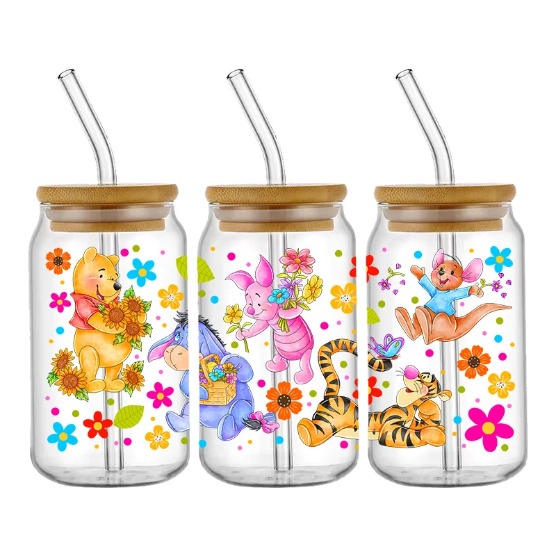 Disney Cartoon Adesivo de Transferência Impermeável, Urso Ursinho Pooh Padrão, UV DTF, Transfere Decalques para Copo de Vidro 16oz, Envoltório Adesivos