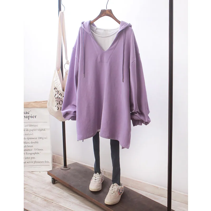 Women Cotton Thin V-Neck Long Sleeve Hooded Sweatershirt Spring Autumn Solid Loose Hoodies Tops Streetwear