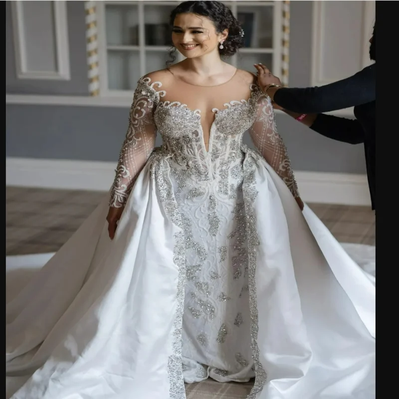 

Customized Sparkly Crystals Beads Arabic Plus Size Wedding Dress Vestidos De Novia Long Sleeves Bridal Gown with Removable Skirt