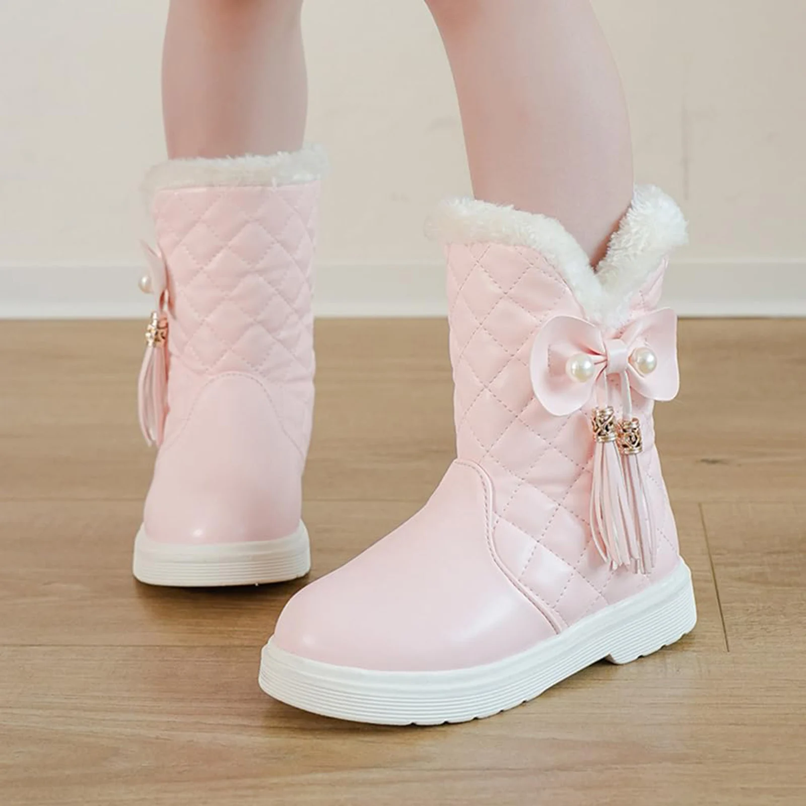 

Winter Girls Snow Boots Children Fashion Slip on Princess Boots Outdoors Comfortable Warm Plush Non Slip Cold-Proof Boots
