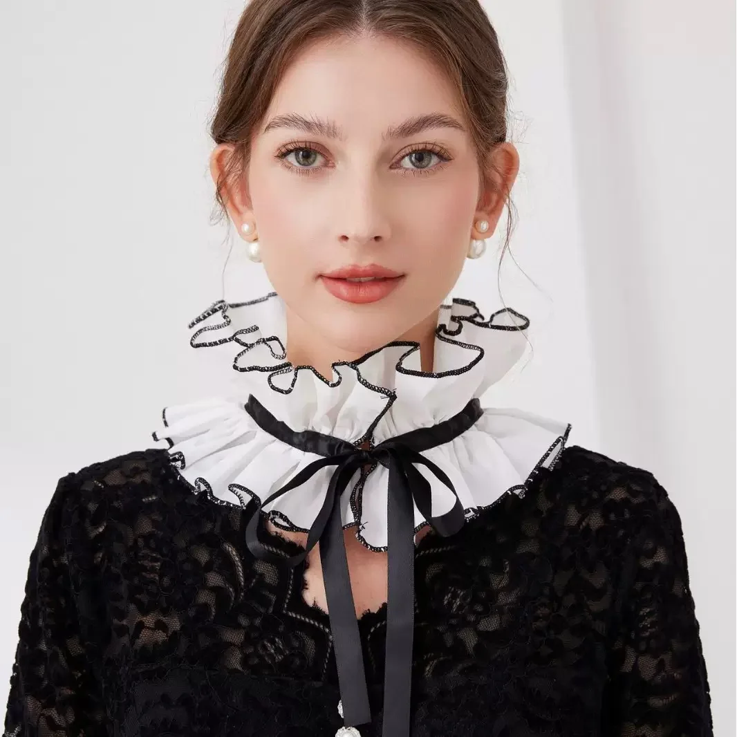 Colletto finto in cotone bianco nero Collo alto Colletto alla coreana Tracolla staccabile Colletto per camicetta con volant Accessori per costumi cosplay