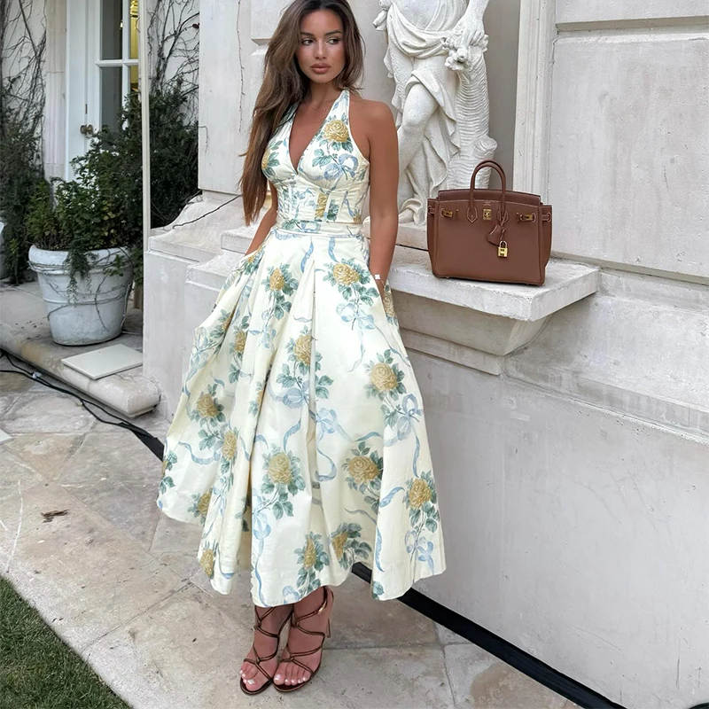 

Summer Sexy V Neck Maxi Dress High Waist A Line Halter Robes Printed Sleeveless Party Vestidso 2025 New Lady Vacation Club Dress