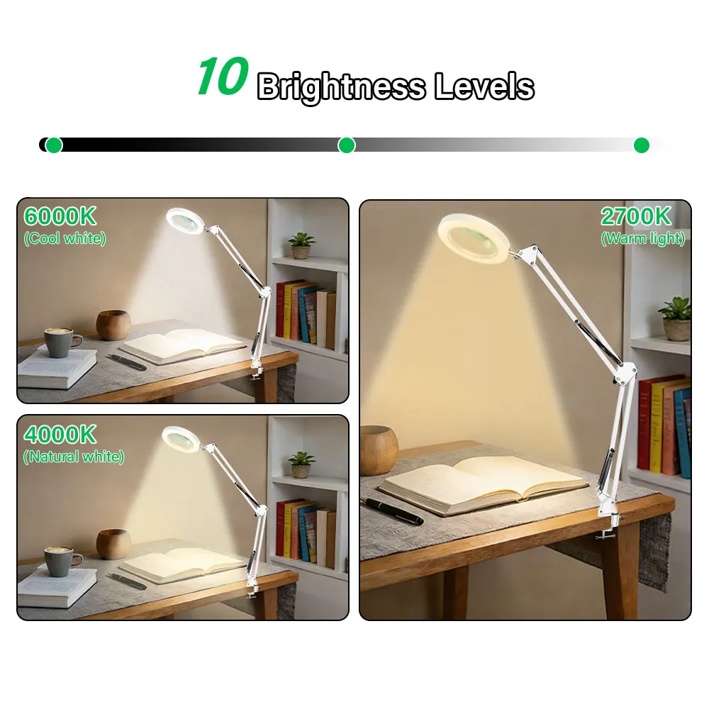 Vergrößerungsglas mit 72 LEDs, 10-fache Vergrößerung, USB, 3 Farben LED-Beleuchtung, NEU für Lötkolben-Reparatur/Tischlampe/Hautpflege – Detail 28