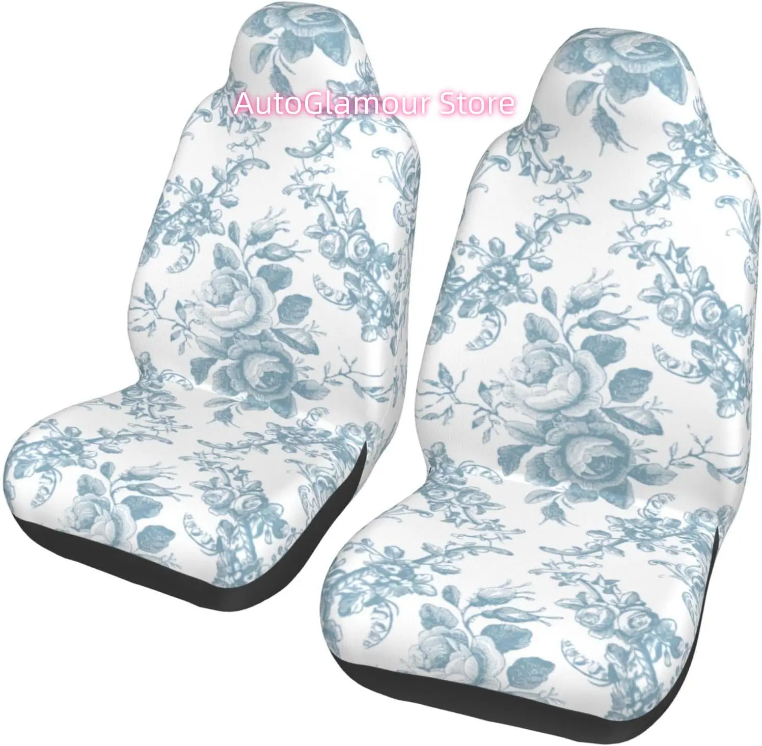 Elegant Engraved Blue and White Floral Toile 2-Piece   Seat Cover Complete Set - Elastic Seat Protection Cover for