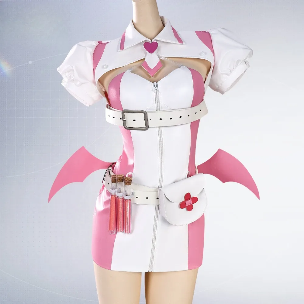 

Anime Character Cosplay Costume - Pink & White Form-Fitting Dress with Heart Detail, Bat Wing Accents & Belt/Pouch Accessories