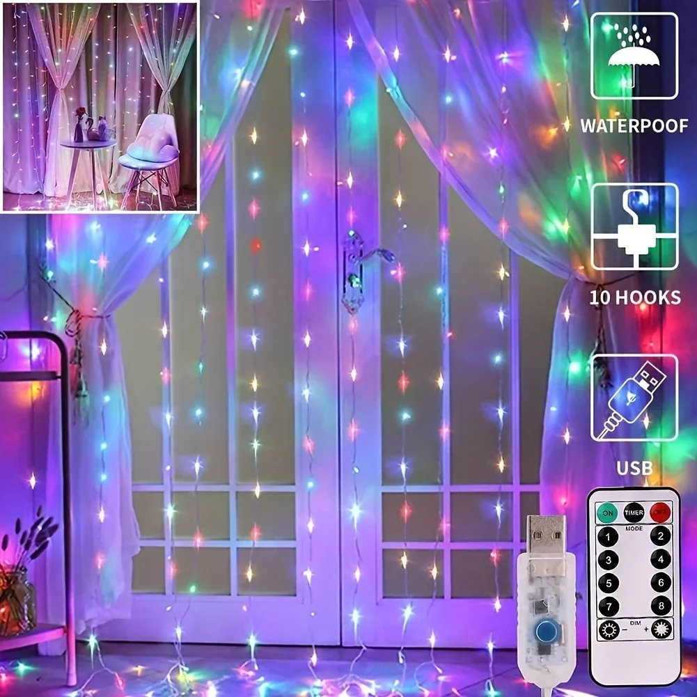 USB LED Curtain Lights 3x1M 3x3M Fairy String 8 Mode Remote Control Wedding Party Home Bedroom Decoration Lighting Garland