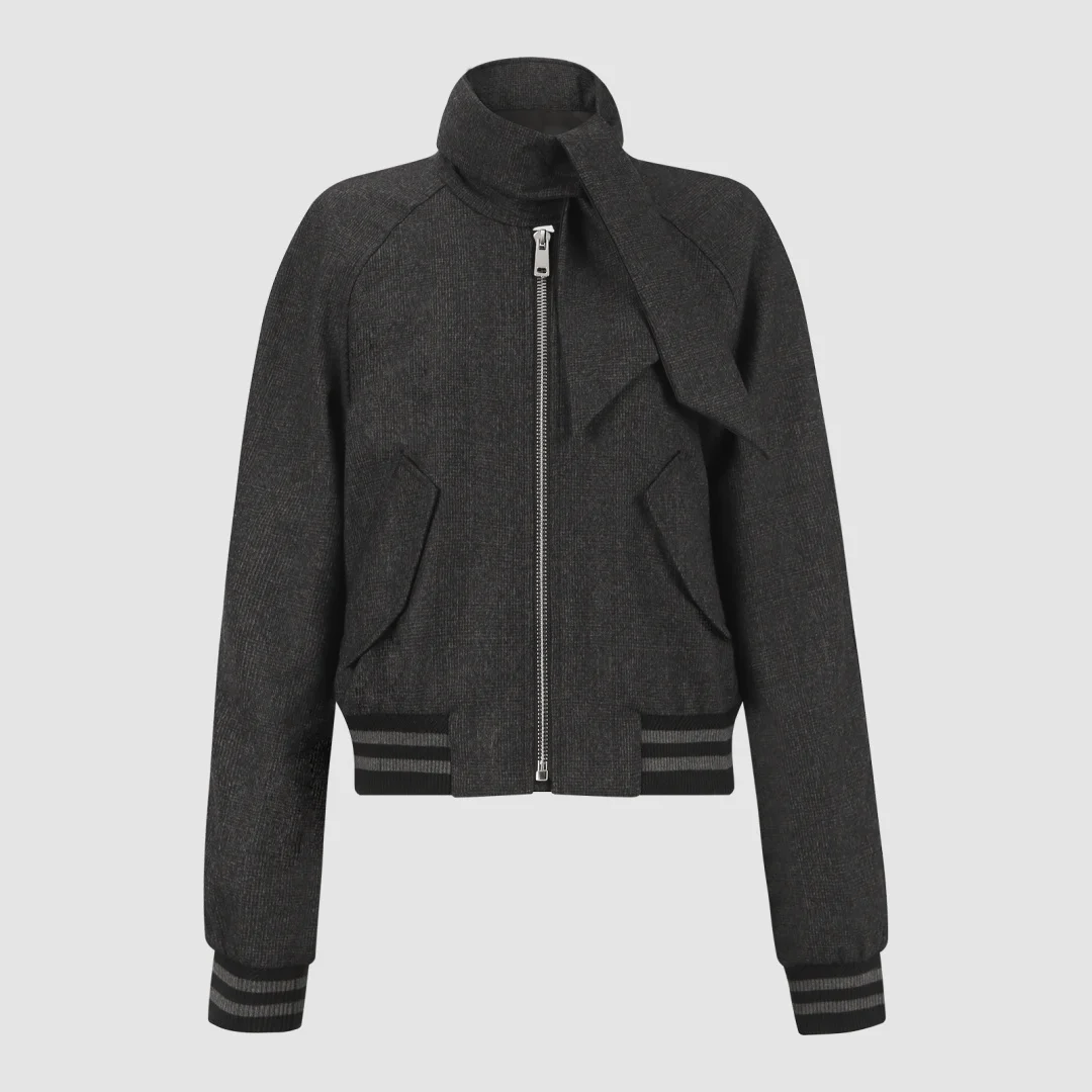 2026 Luxury Wool-Blend Bomber Jacket with Detachable Ribbon - Dark Grey Cropped Zip-Up Jacket for Women