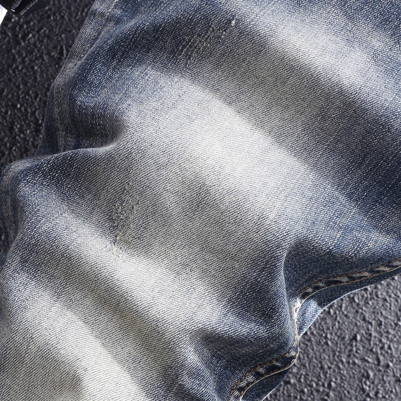 Fashion Vintage Men Jeans High Quality Retro Blue Plain Washed Elastic Slim Fit Ripped Jeans Men Embroidery Designer Denim Pants