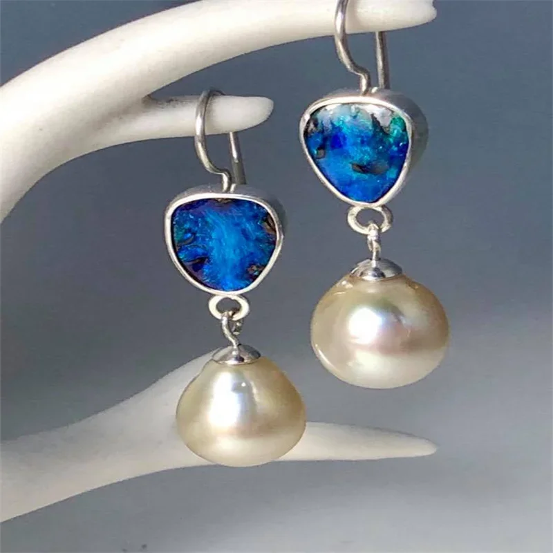 Vintage Blue Color Ocean Blue Opal Pearl Personality Inlay Stone Drop Dangle Earrings For Women Party Birthday Custom Jewelry