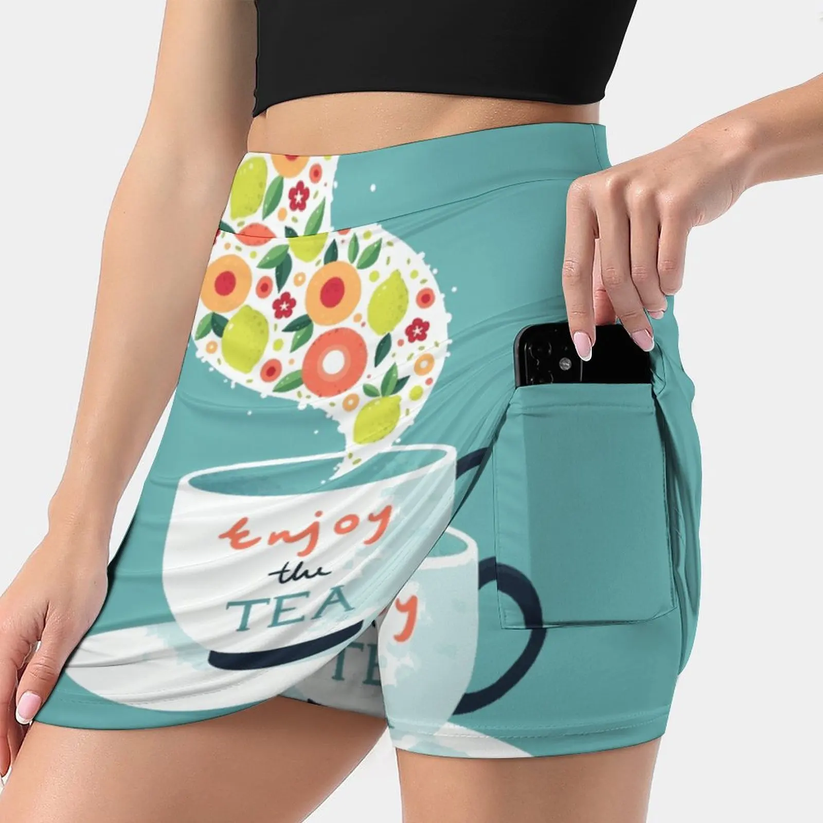 Enjoy The Tea Women Sports Skirt Tennis Golf Dance Fitness Running Yoga Skirts Tea Cup Floral Fruit Color Calm Nursery Text