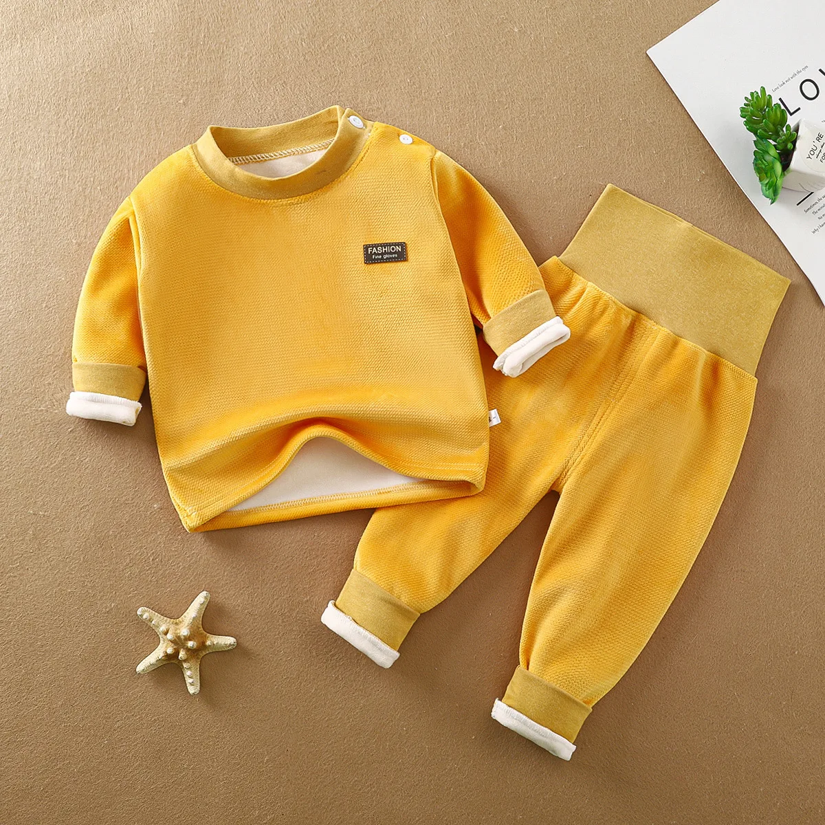 Kid Unisex High Neck Fleece-lined Top High Waist Pants Set Small Black Patch Ideal for Children Two Piece Set Baby Daily Wear