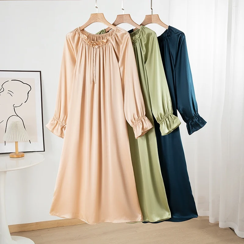 

100% тутовый шелк 16, шелковое платье Momme Charmeuse фиолетового цвета с длинными рукавами, одежда для сна, ночная рубашка, ночная рубашка QQ066