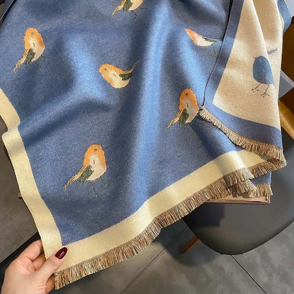 Imitation Pashmina Winter Color Block Cozy Texture Vibrant Shades Magpie Bird Shawl Elegant Printing Durable Knit