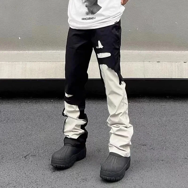 

Foufurieux Spring Autumn Black White Splicing Pants Men's Straight Workwear High Street Bootcut Jeans Men Trousers Male Clothes