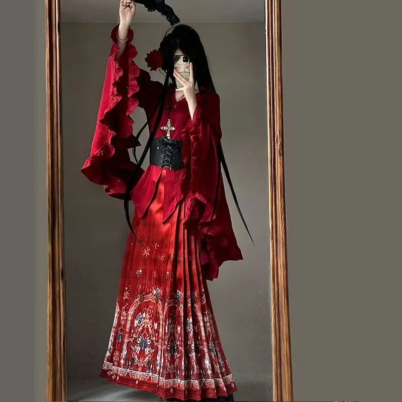 New Original Gothic Hanfu Fusion Style Ming Dynasty Horse Face Skirt Set Slim Chinese Improved Hanfu Autumn Winter Outfit