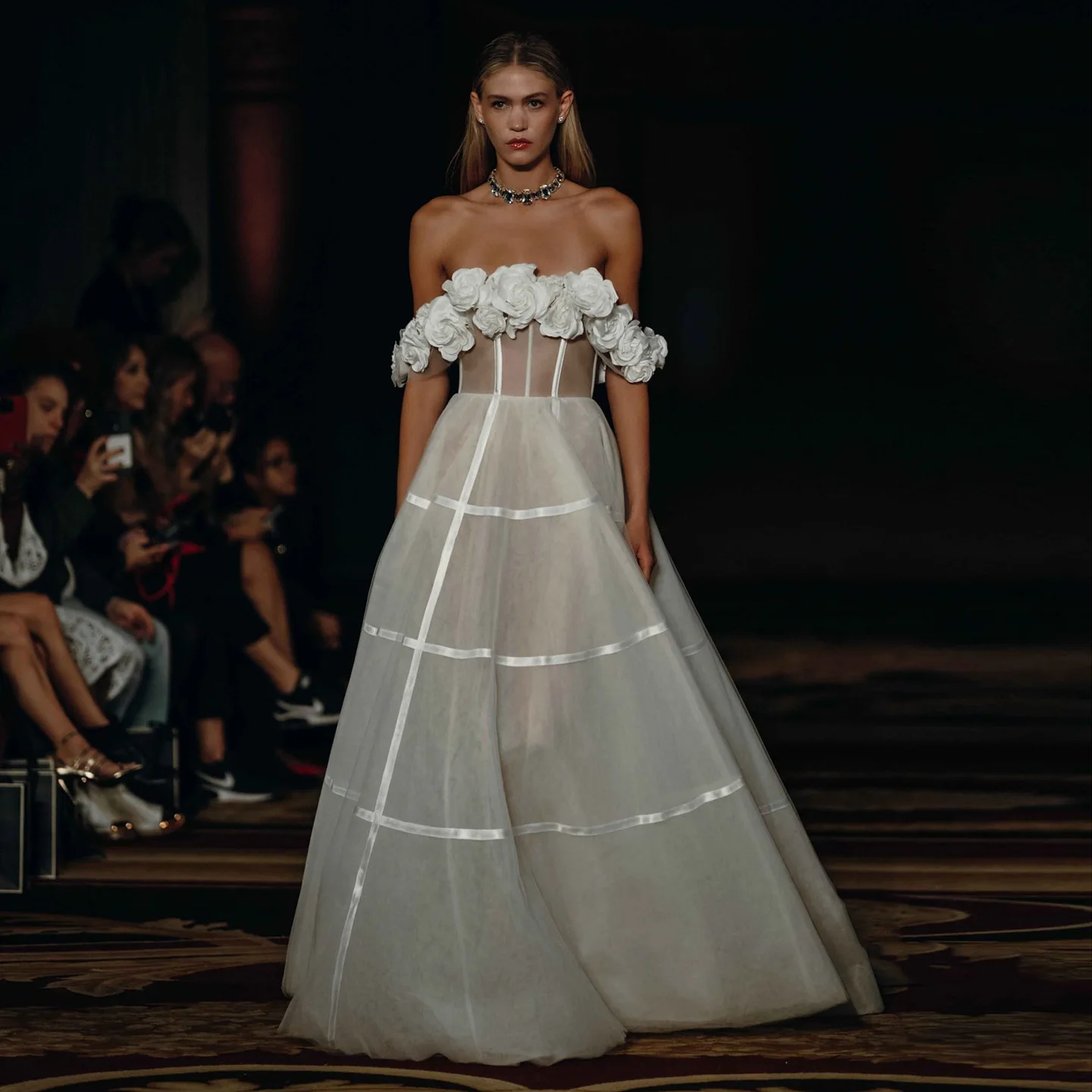 

Sharon Said Romantic 3D Flowers A-Line Tulle Off White Wedding Dress 2025 Off Shoulder Strapless Bride Gowns SW134 Customized