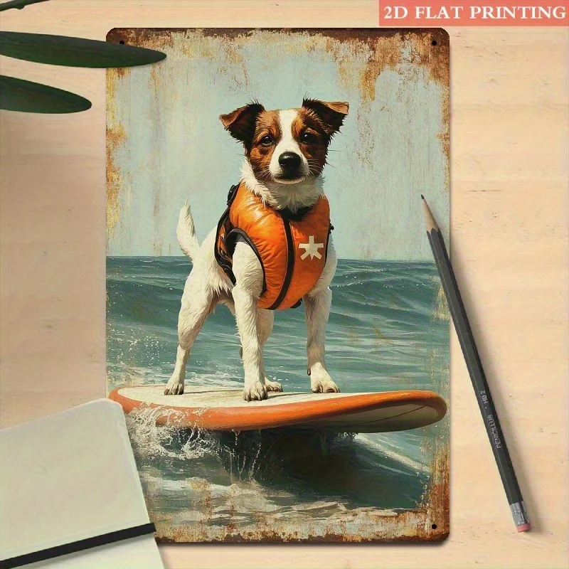 2D Flat, 1pc Surfing Pup Metal Wall Decor - Vintage Surf-Themed Iron Sign Suitable for Beach Houses, Surf Shops & Pet Lover Gift
