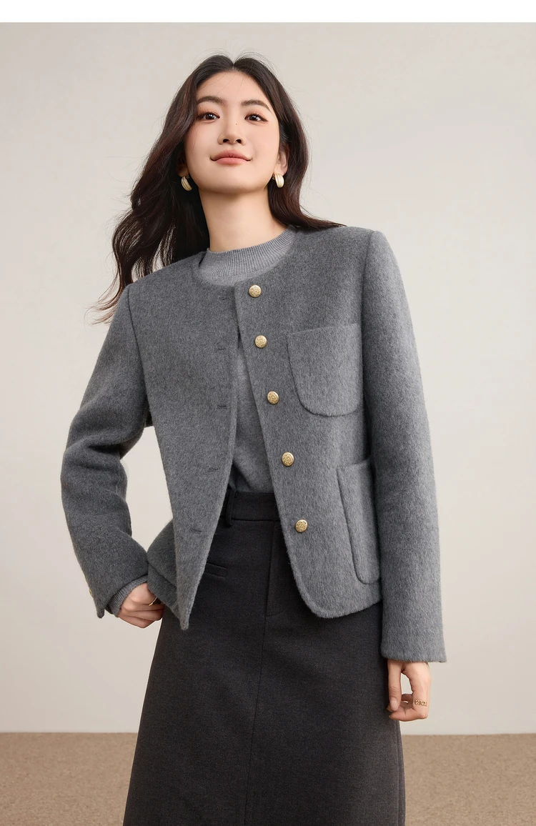 SENTUBILA Damen-Mantel aus Schafwolle, doppelseitig, Winter 2026, O-Ausschnitt, kurz, mehrfarbig optional, elegant, lässig, Top W54OG8767 – Detail 22