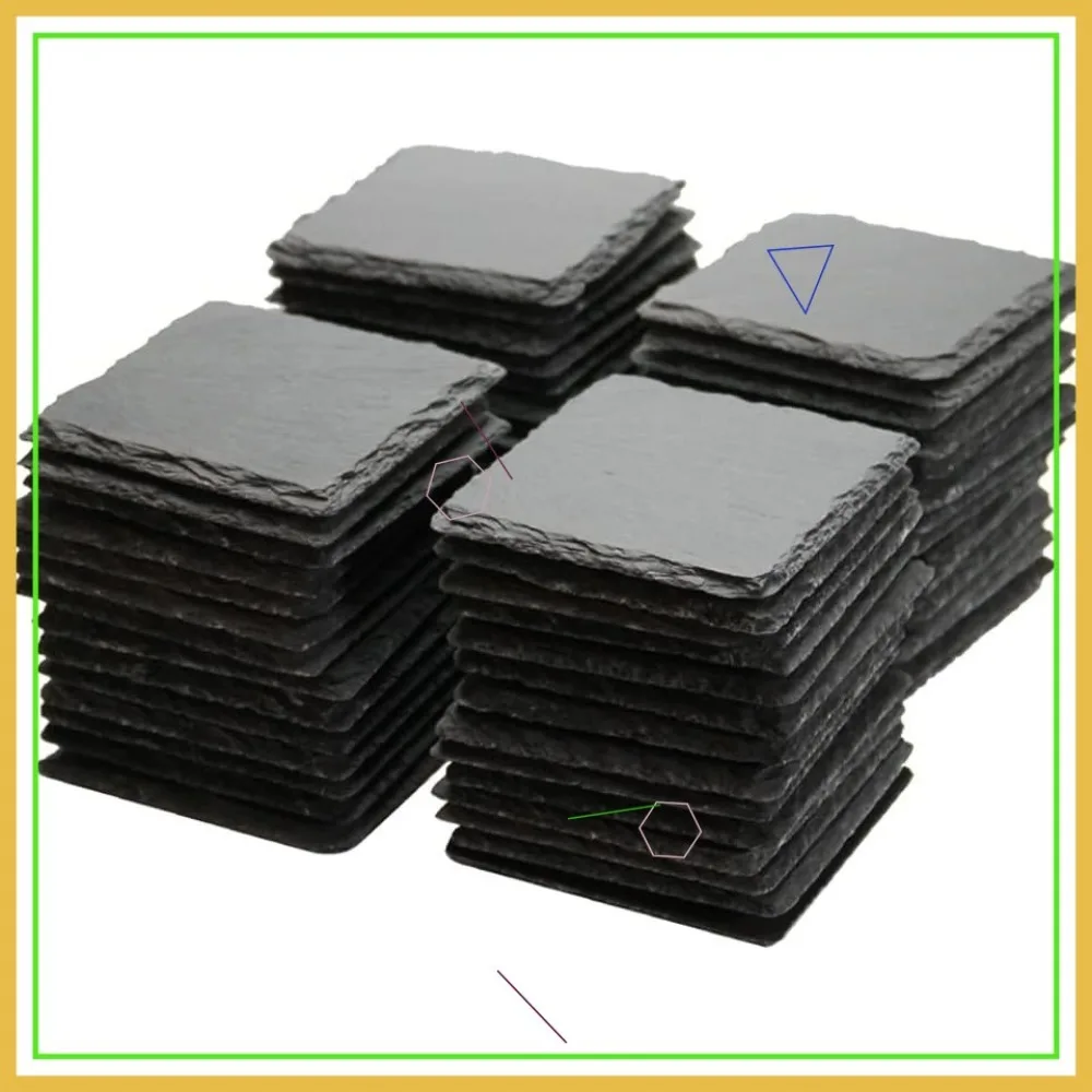 

60 Pack 4x4 Inch Natural Black Slate Stone Coasters with Rough Edges, Non-Slip Base for Drink Bar Kitchen Home Decor