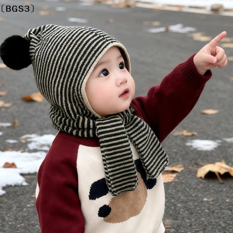 〔BGS3〕Kids Autumn-Winter Warm Thick Knit Hat Scarf Set Versatile Wool Knitted Ear Protector Cap Skullies For Boys And Girls