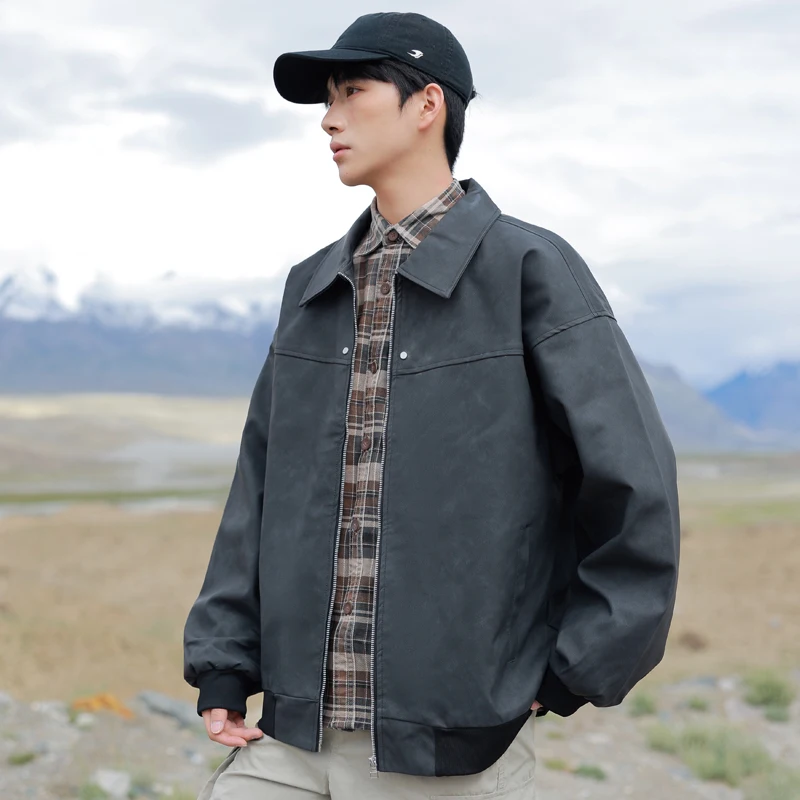 

Motor Biker Jacket Men Trendy Casual Brown Zipper Biker Jackets Loose Lapel Leather Motorcycle Uniform Windbreaker Men