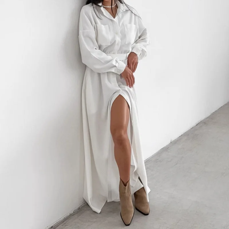 

Spring Autumn French Style Long Sleeve Shirt Dress Temperament Waist-Controlled Dress Design Split 2026 European American Fash