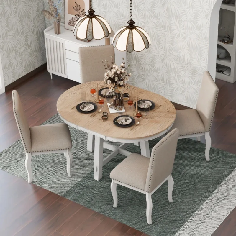 

Round Extendable Farmhouse Dining Table Set with 4 Upholstered Chairs in Oak Natural Wood and Antique White Finish