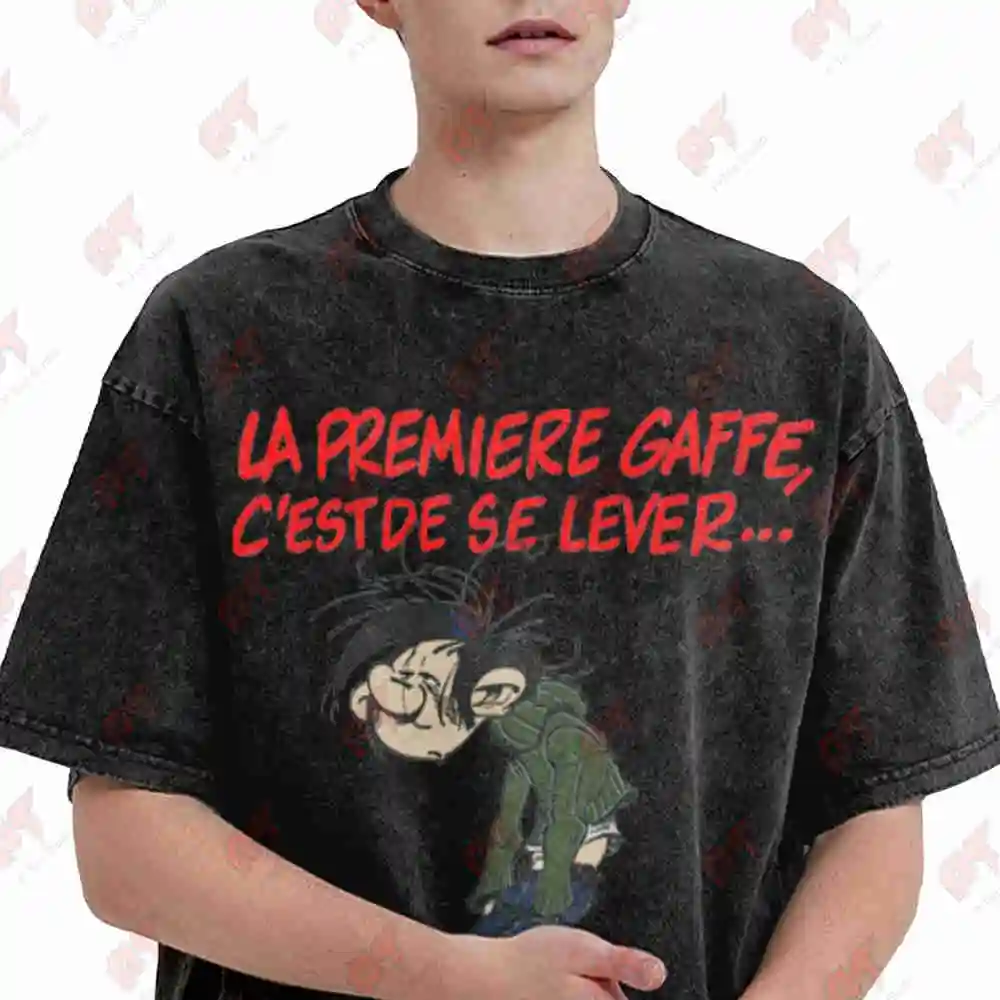 Gaston Lagaffe La Premiere Gaffe Comic Character Vintage Washed Tee Pure Cotton T-Shirt