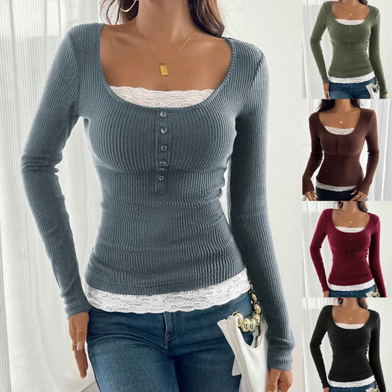 

Women's T-shirt 2025 autumn/winter patchwork lace single breasted slim fit long sleeved top tshirt sweaters woman