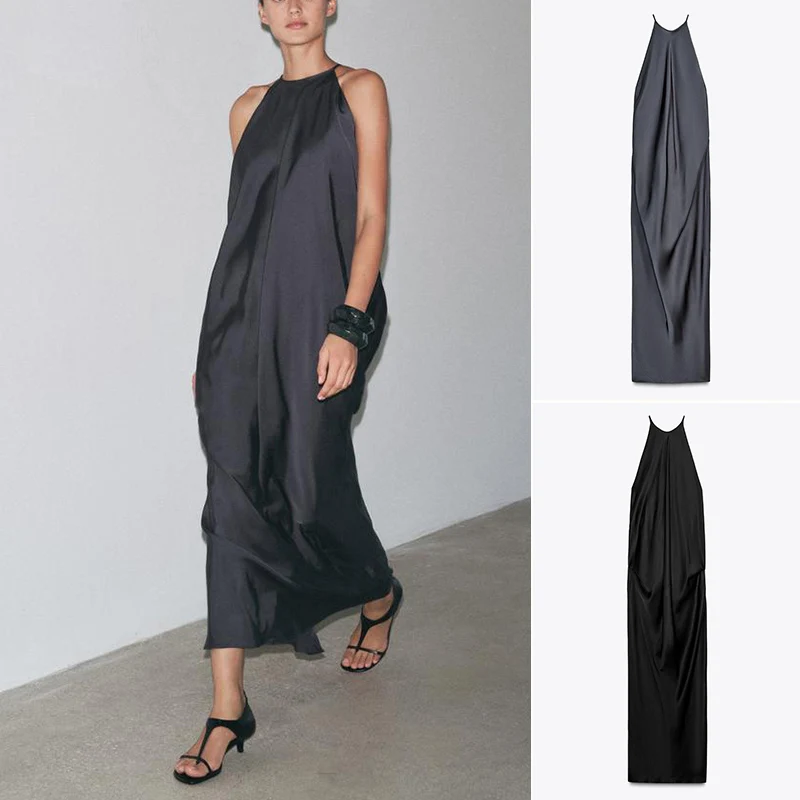 Sommer Damen Fro Seidensatin Stoff Svel Dr Plissee Dekorativer Kragen Viskose Gemischtes Langes Kleid Pendeln Sle Loose...