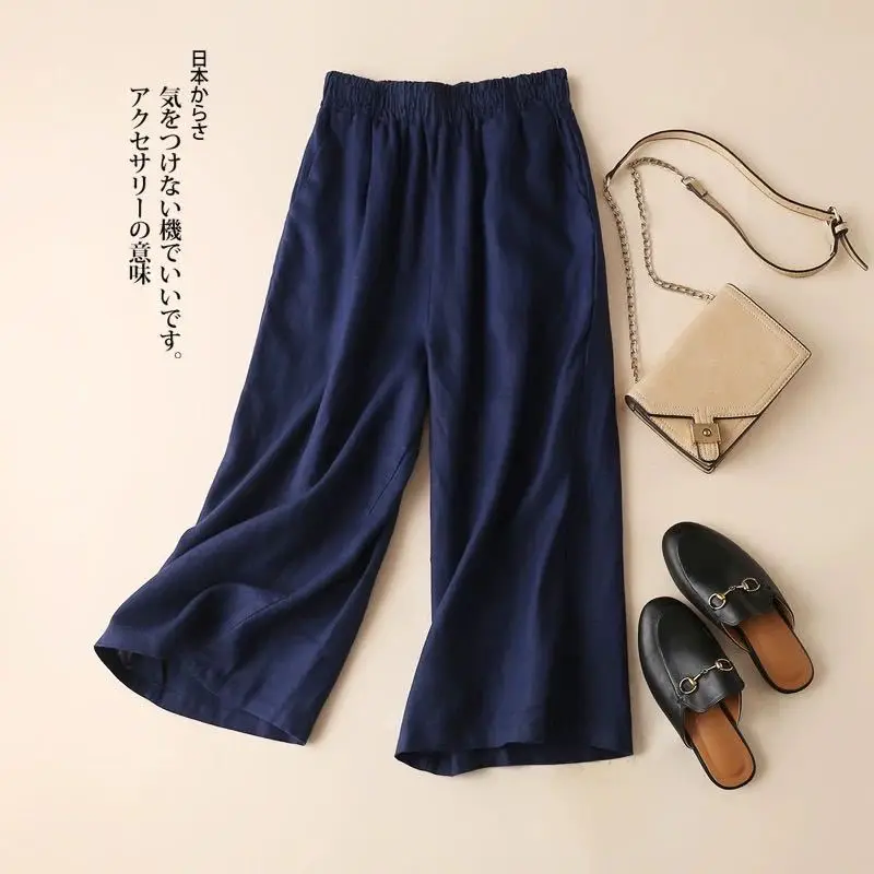 Mode retro katoen en linnen wijde pijpen losse casual effen kleur cropped broek