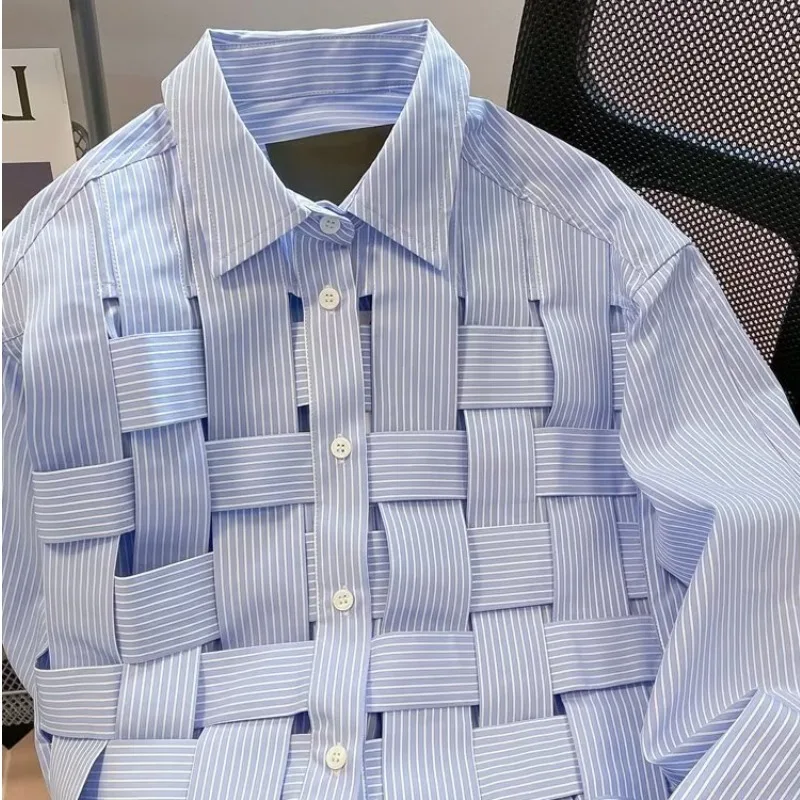 

UNITIM Men Shirts Korean Striped Plaid Long Sleeve Man T-shirt Streetwear Loose Single-breasted Casual Versatile Male Top