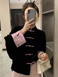 New Chinese Style Blouse Embroidered Coat women's Spring  Autumn New Black Buckle Retro Velvet shirt+pink Skirt Tangsuits Top