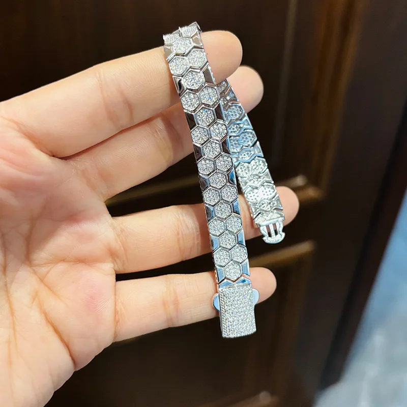 Hiphop 10mm D Color Moissanite Honeycomb Chain Bracelet for Women 925 Sterling Silver Pass Diamond Tester Wholesale Jewelry
