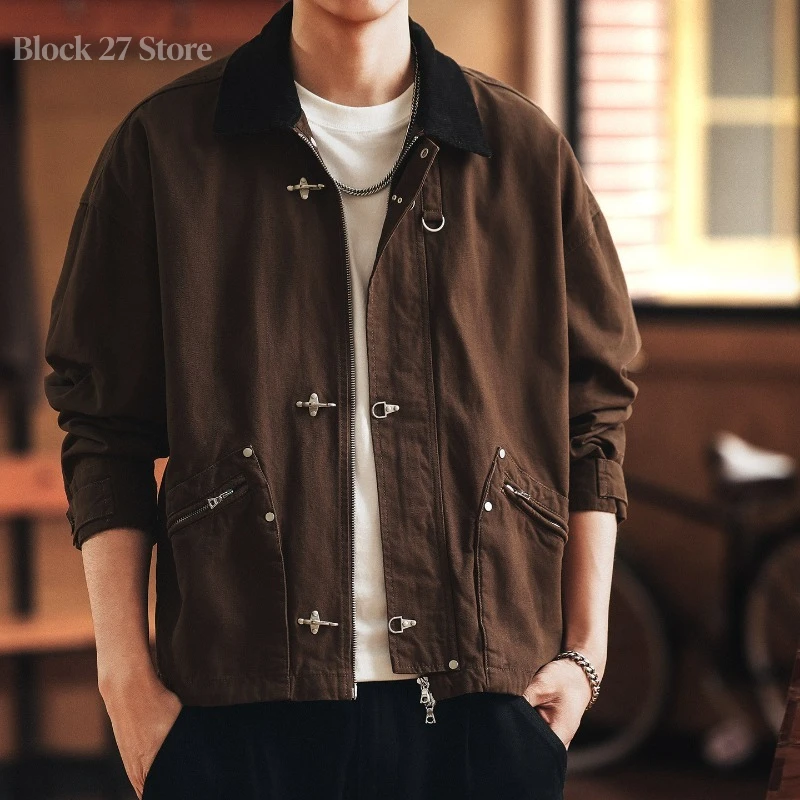 

Мужская куртка в стиле Харадзюку, американский винтаж, уличная одежда, рабочая одежда, с пряжками, свободный крой, осенняя повседневная куртка-карго, ретро-мода, тренд