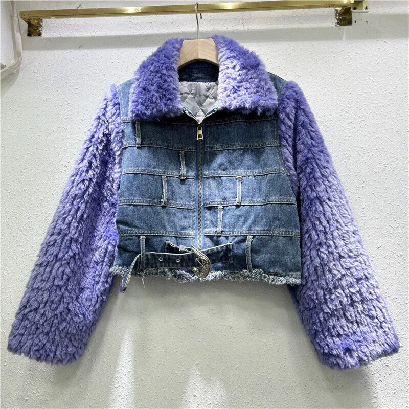 DEAT Women's Coat Patchwork Denim Colorful Lamb Wool Single Breasted Warm Cotton Padded Jackets 2025 Spring New Fashion 29L8599